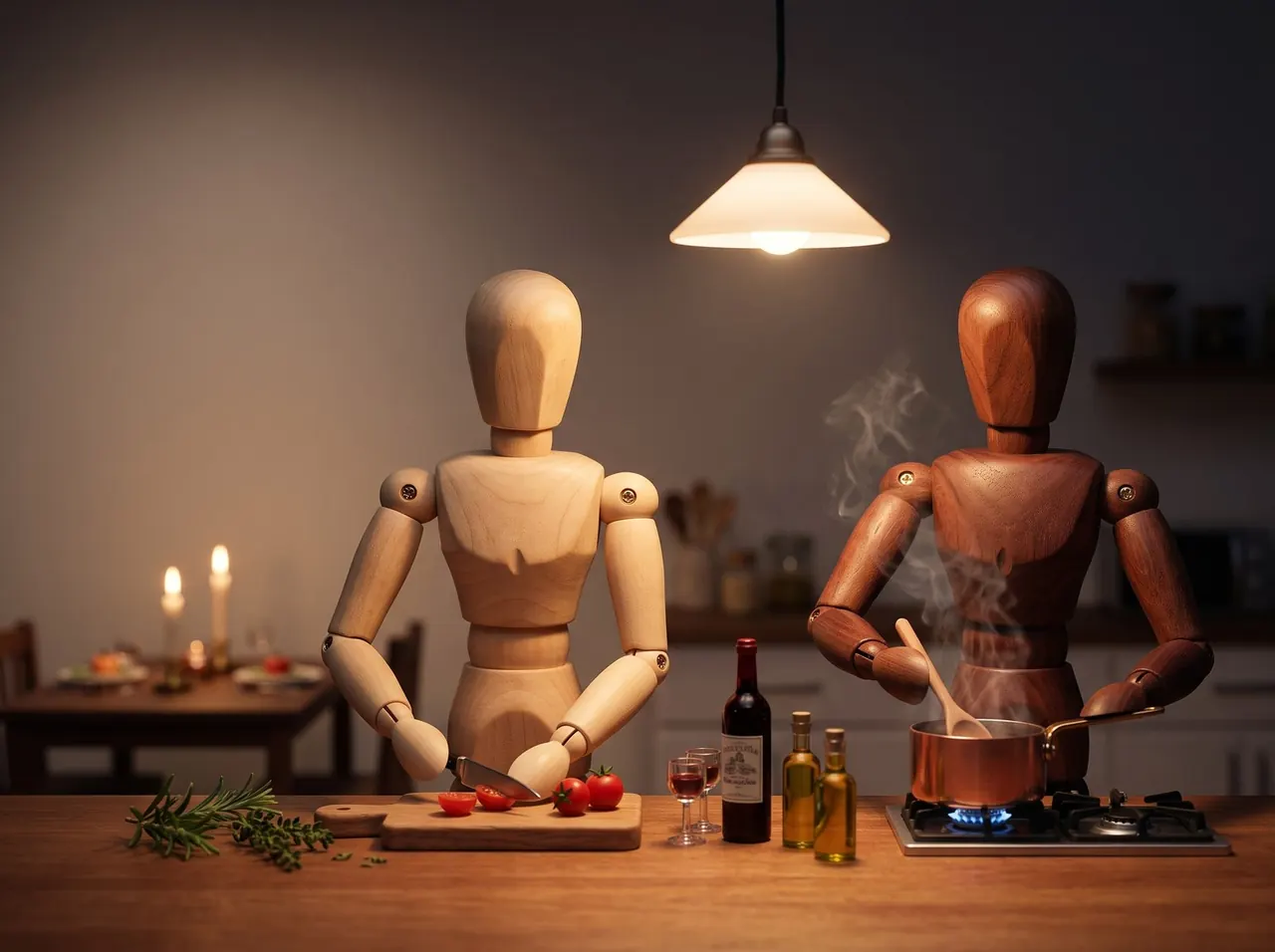 Two wooden mannequins cooking side by side in a warm kitchen