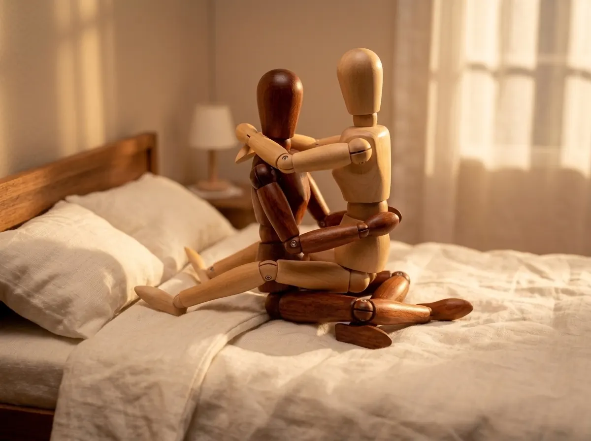 On a bed, a partner sitting cross-legged holds the other, who sits in their lap face to face with legs around their waist.