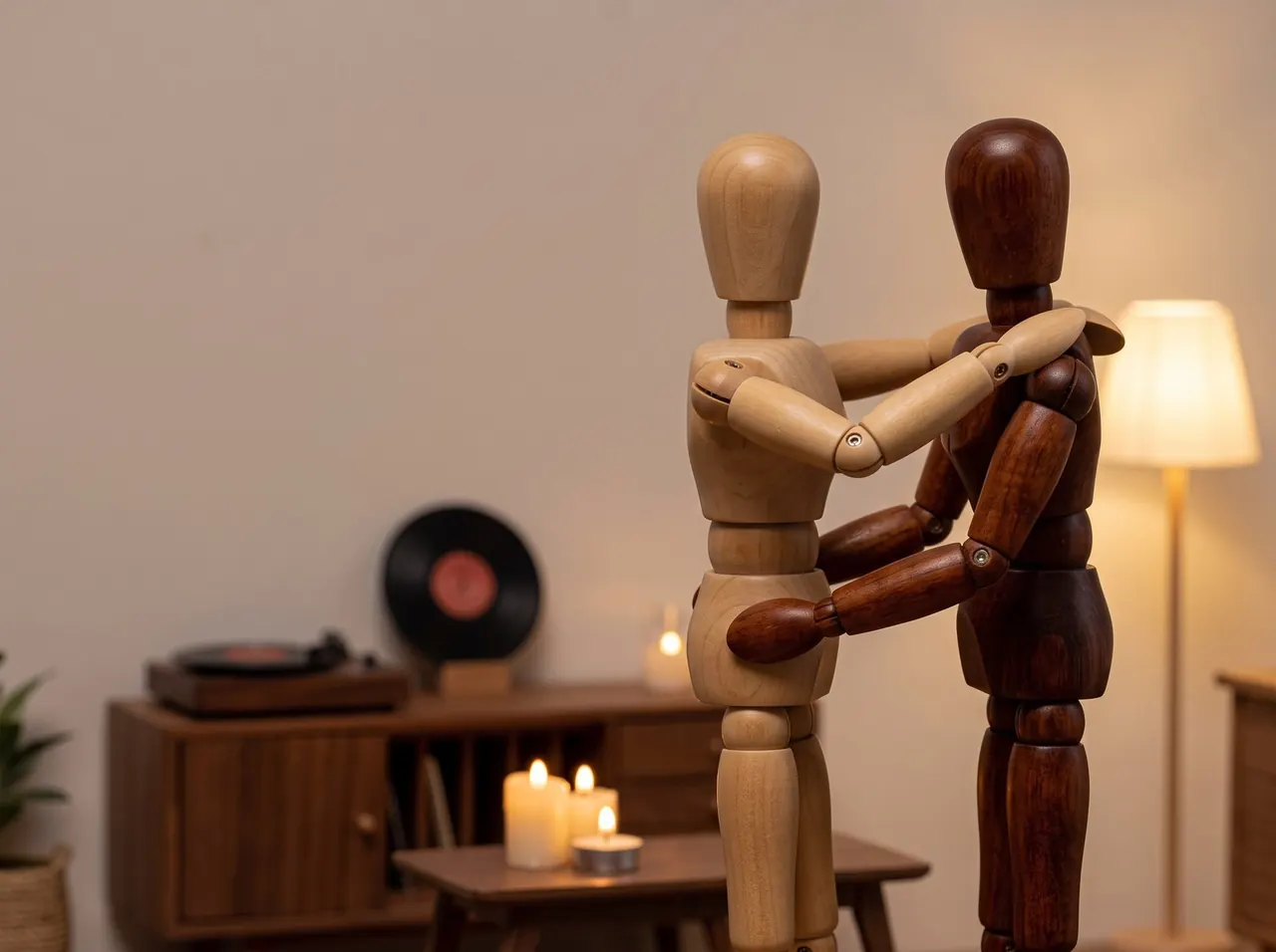 Two wooden mannequins slow dancing in a living room lit by a lamp and candles