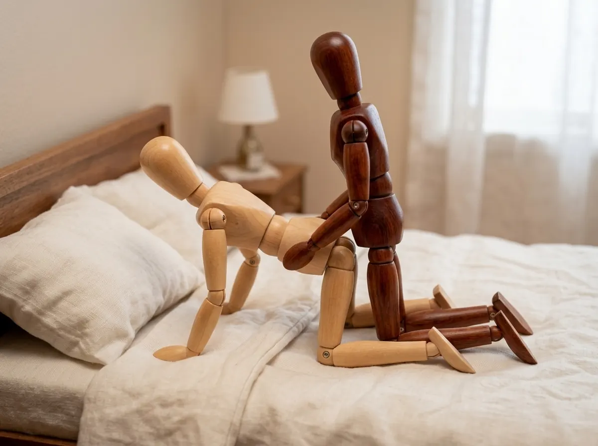 In a bedroom in the morning, one partner is on hands and knees on the bed while the other kneels right behind, hands on their hips.