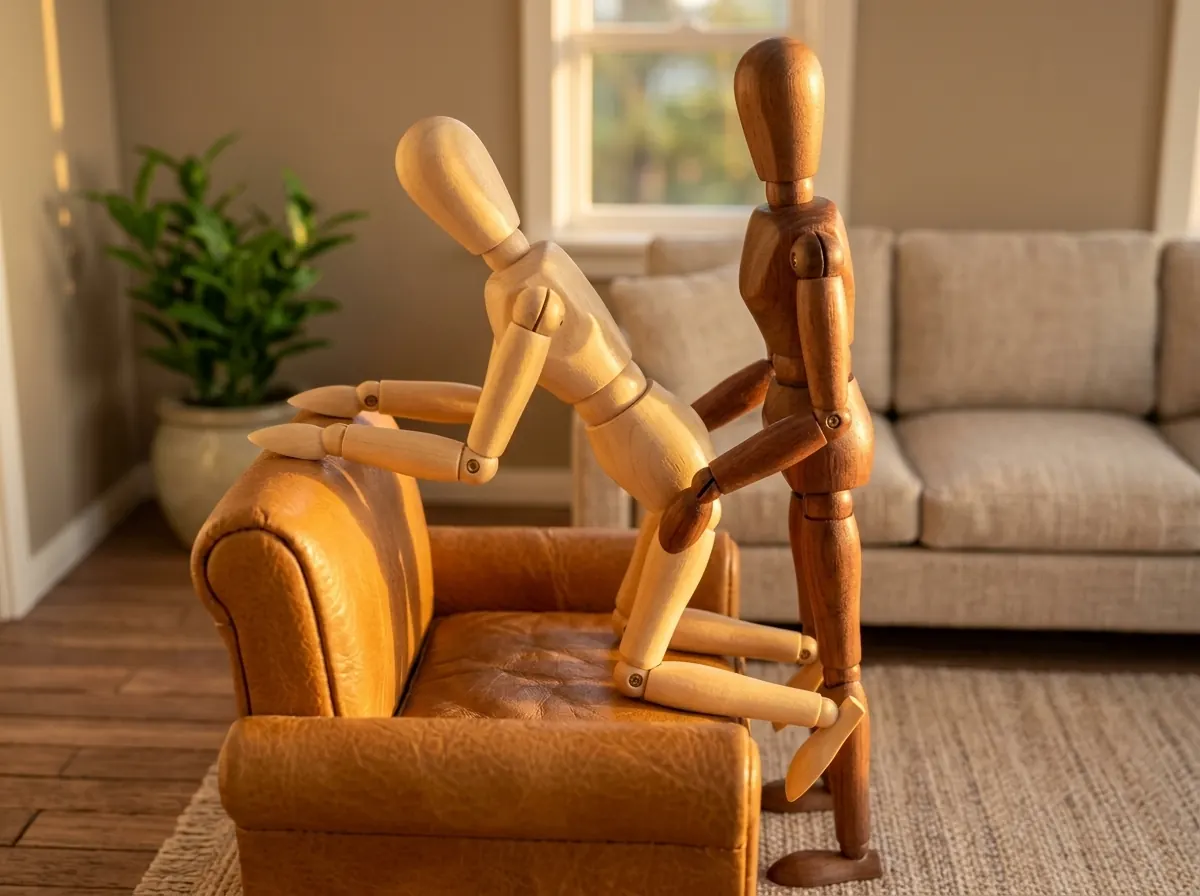 In a living room at sunset, one partner kneels on a leather armchair with forearms on the backrest while the other stands behind, hands on their hips.