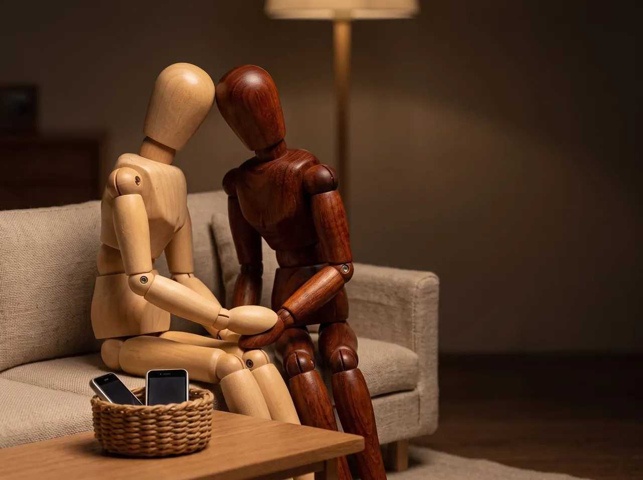 Two wooden mannequins on a sofa, foreheads touching, phones put away