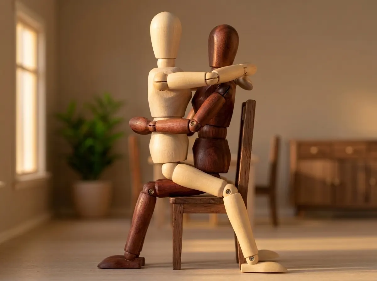 In a dining room at sunset, one partner sits on a wooden chair while the other sits in their lap face to face, embracing, feet on the floor on both sides of the chair.