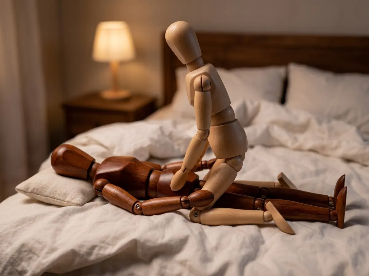 One partner lies on their back on a bed with legs extended; the other kneels astride their hips facing away, hands resting on the partner’s thighs.