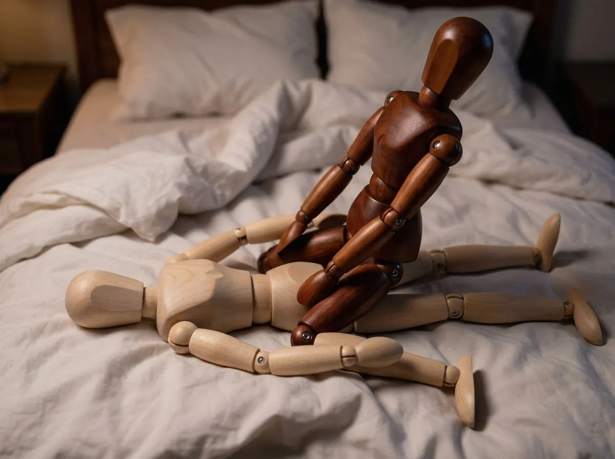 One partner lies on their back while the other sits upright astride their hips, facing them with knees on either side.