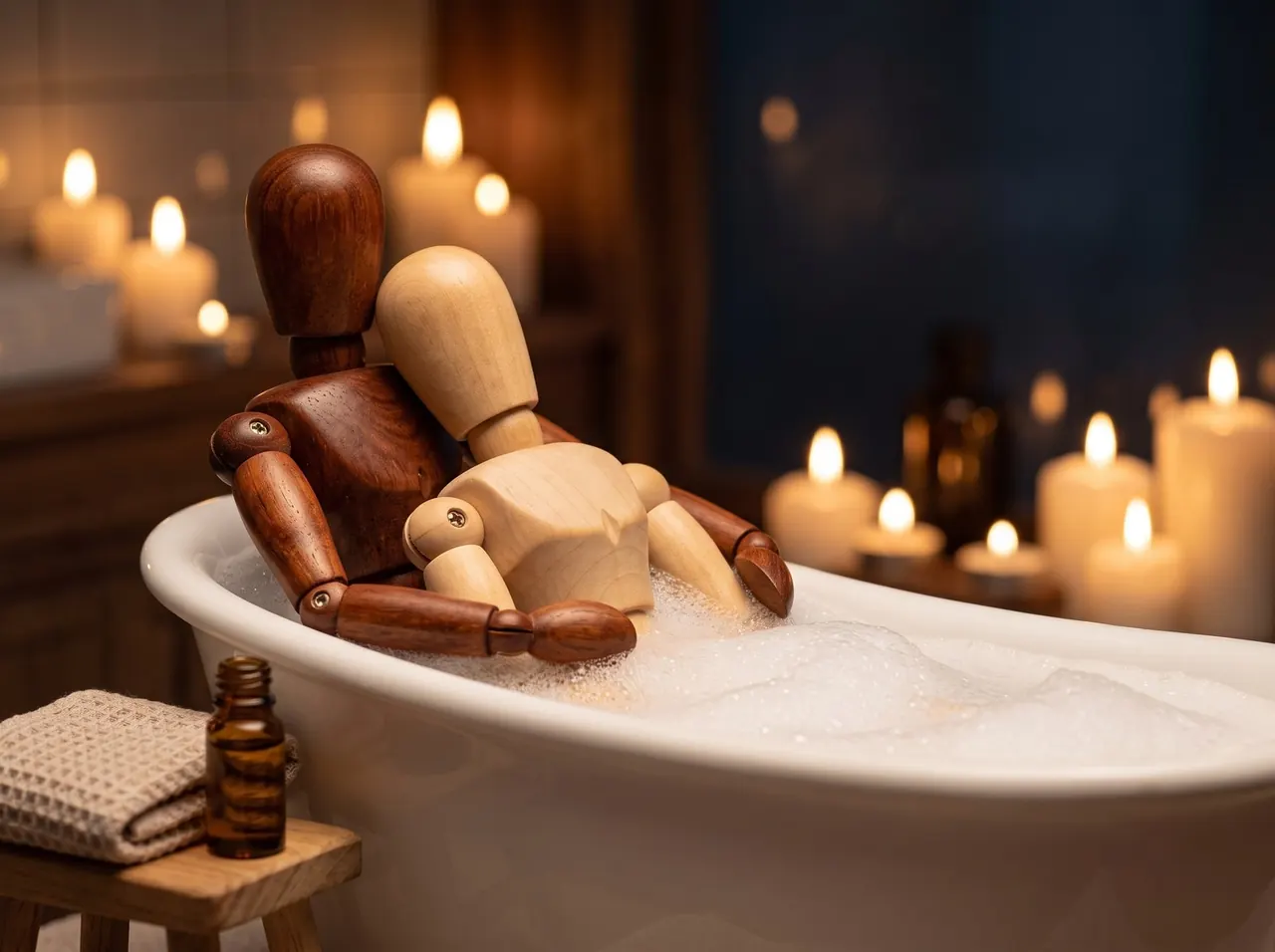 Two wooden mannequins in a foamy bathtub surrounded by candles