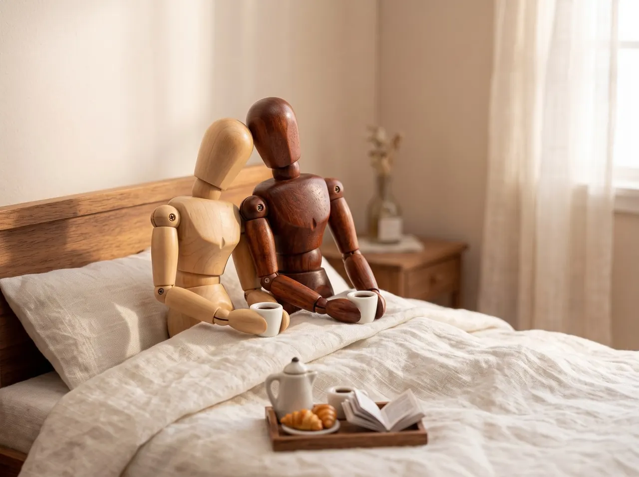 Two wooden mannequins having coffee in bed on a sunny morning