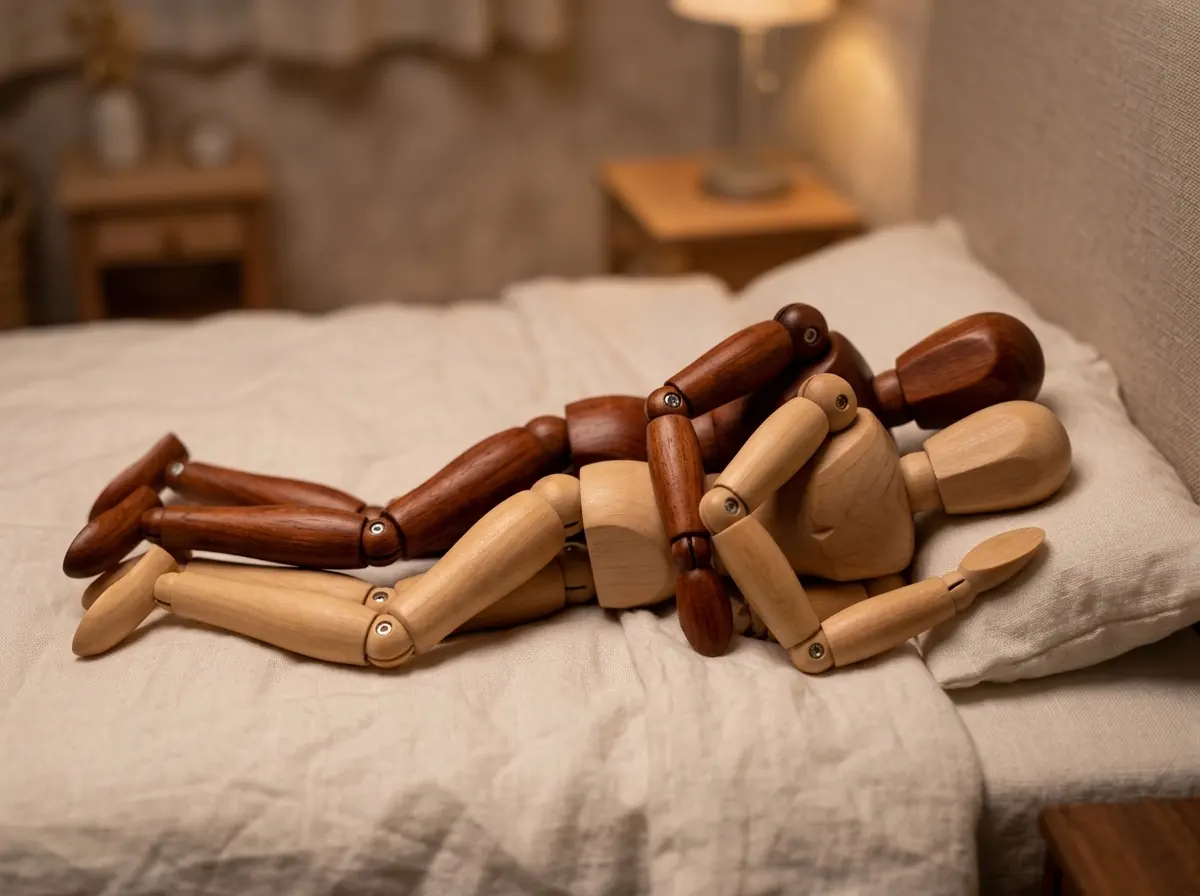 Both partners lie on their sides on a bed, facing the same direction; the person behind holds the other across the chest.